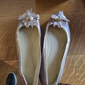 Coach Women's Pink Metalic Sequin Loafers with Pearl, Charms And Leathet Bow.